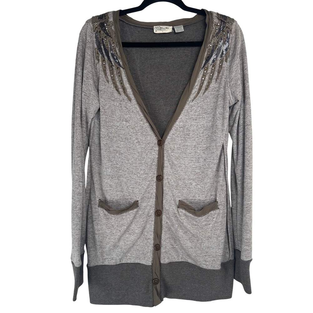 Miss Me Womens Sequin Wing Cardigan Gray Brown Large Longline Y2K Boho Western